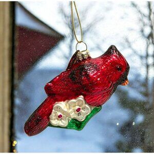 Vintage Thomas Pacconi Red Cardinal Glass Christmas Ornament Bird Floral Holiday